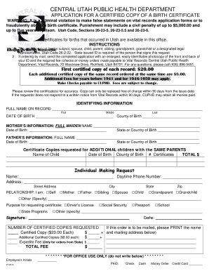 Utah Birth Certificate Application