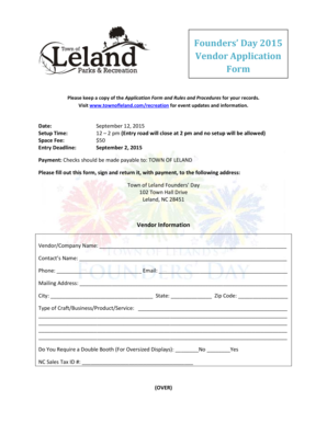 Founders Day 201 5 Vendor Application Form - Town of Leland