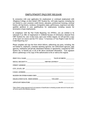 Employment Inquiry Release Form
