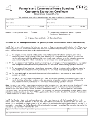 New York Farmer's and Commercial Horse Boarding ST-125 Exemption Certificate