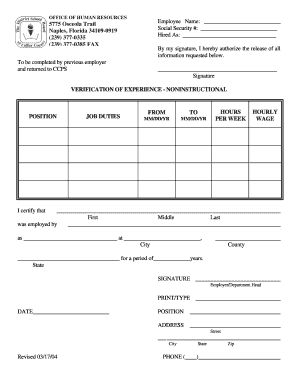 Verification of Experience Noninstructional Form