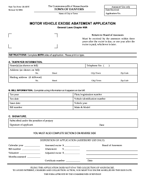 Massachusetts Motor Vehicle Excise Abatement Application
