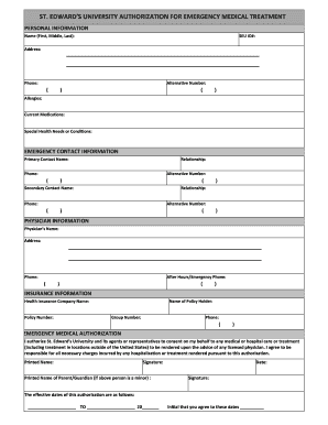 St. Edward's University Emergency Medical Authorization Form