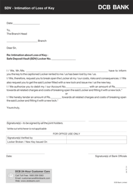 Intimation of Loss of Key for Safe Deposit Vault