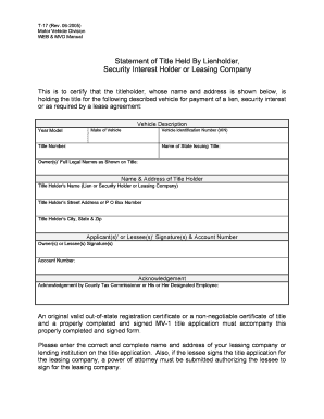 Statement of Title Held By Lienholder