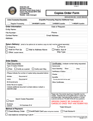 Nevada Secretary of State Copies Order Form