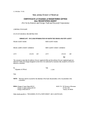 New Jersey Certificate of Change of Registered Office and Agent
