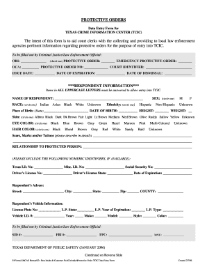 Texas Protective Order Data Entry Form