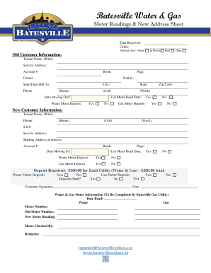 Batesville Water & Gas Meter Readings & New Address Sheet