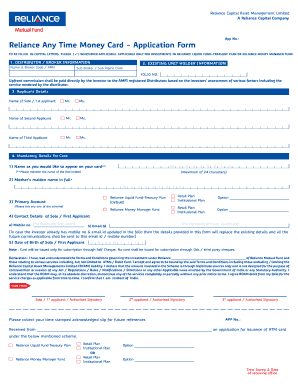 Reliance Any Time Money Card Application Form