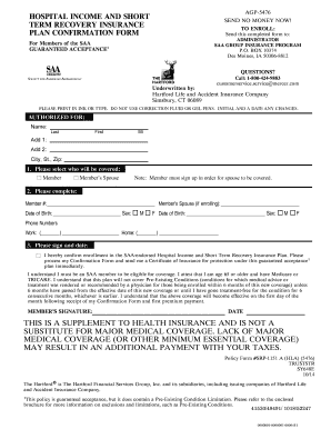 SAA Hospital Income and Short Term Recovery Insurance Plan Confirmation Form