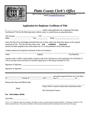 Wyoming Duplicate Certificate of Title Application