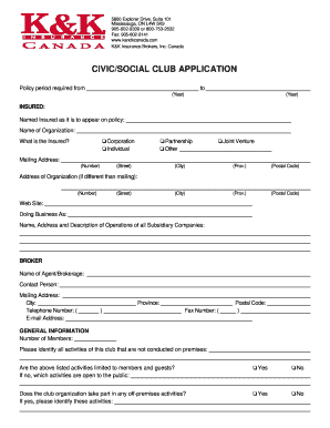 Civic/Social Club Insurance Application