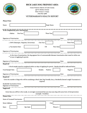 Veterinarian's Health Report for Beck Lake Dog Friendly Area