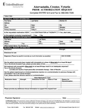 Prior Authorization Request for Atorvastatin/Crestor/Vytorin