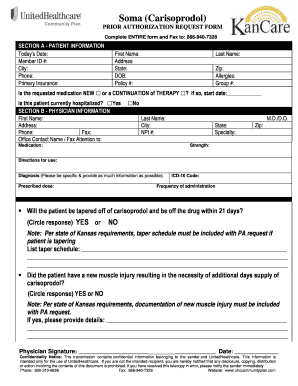 Prior Authorization Request Form for Carisoprodol