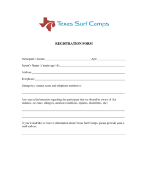 Texas Surf Camps Registration and Release Form