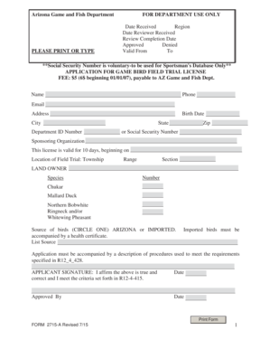 Arizona Game Bird Field Trial License Application