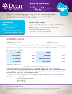 Wisconsin Health Screening Data Form