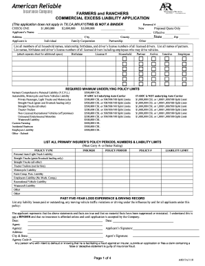 Farmers and Ranchers Commercial Excess Liability Application