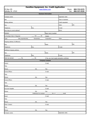 Hamilton Equipment Credit Application
