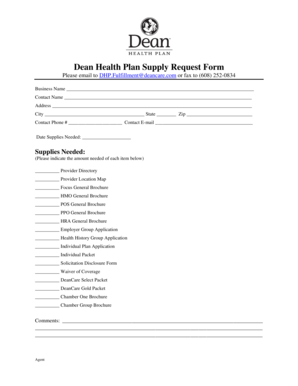 Dean Health Plan Supply Request Form