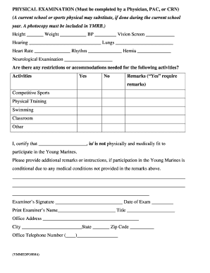 Young Marines Physical Examination Form