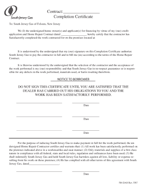 Home Repair Completion Certificate