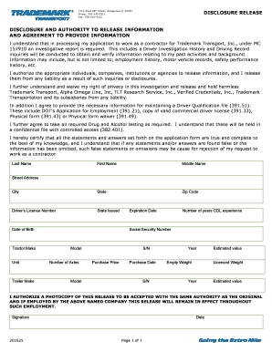 Disclosure Release for Trademark Transport Contractor