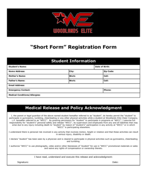 Short Form Registration and Medical Release