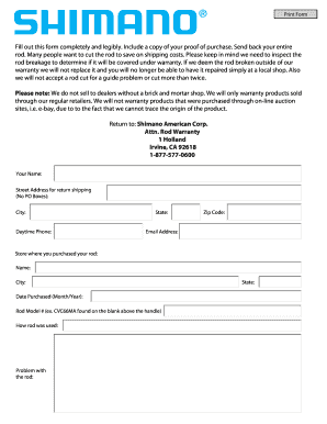 Shimano Rod Warranty Claim Form