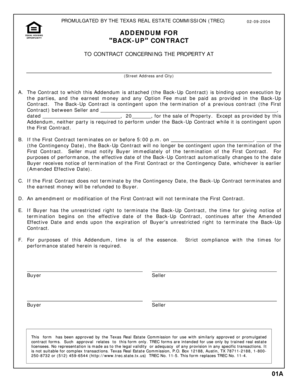 Texas Equal Housing Addendum for Back-Up Contract