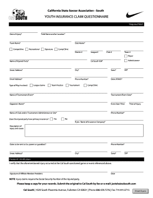 California Youth Soccer Injury Claim Form