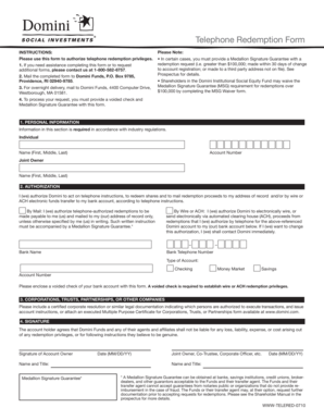 Telephone Redemption Form