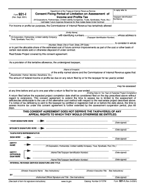 IRS Form 921-I Consent Fixing Period of Limitation on Assessment