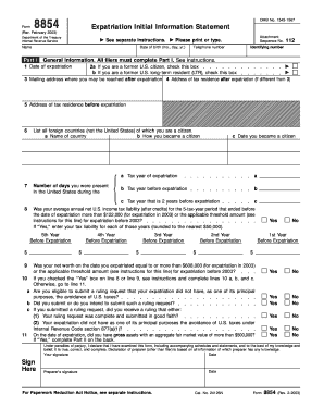Form 8854 Expatriation Initial Information Statement