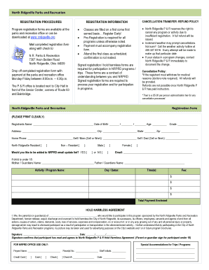 North Ridgeville Parks and Recreation Registration Form