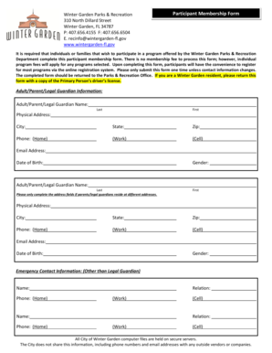 Winter Garden Parks Recreation Participant Membership Form
