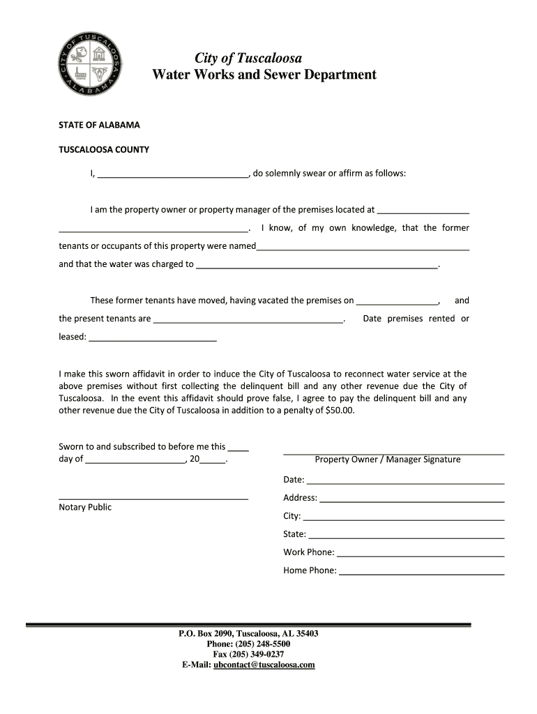 Fillable Online City of Tuscaloosa Water Works and Sewer Department Fax