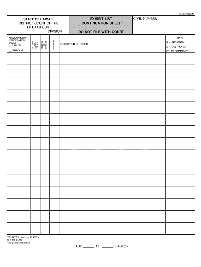 District Court of the Fifth Circuit - Exhibit List Continuation Sheet - Do Not File With Court - courts state hi Preview on Page 1.