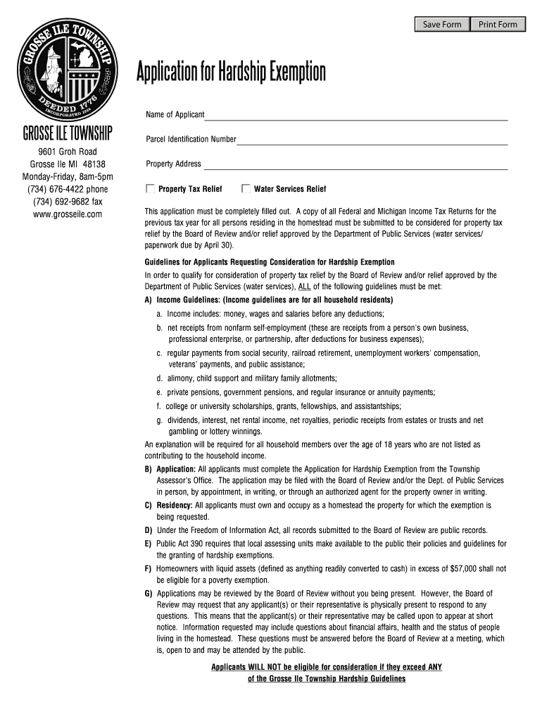 Fillable Online Application for Hardship Exemption Grosse Ile