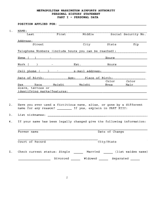 Metropolitan Washington Airports Authority Personal History Statement
