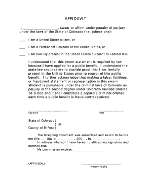 Colorado Affidavit of Lawful Presence