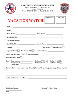 Vacation Watch Request Form