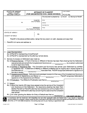 Affidavit of Plaintiff for Uncontested Civil Union Divorce