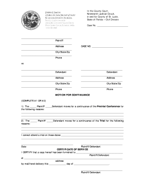 Florida Small Claims Motion for Continuance