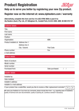 Zip Heaters Product Registration Form