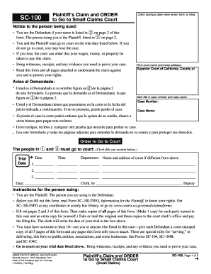 California Small Claims Court Plaintiff's Claim and Order