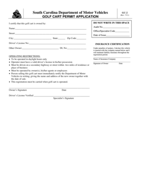 South Carolina Golf Cart Permit Application