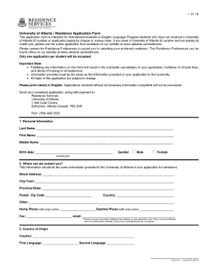 University of Alberta Residence Application Form